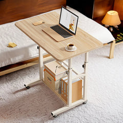 Mobile lift-top bedside desk table with light wood top and storage shelf