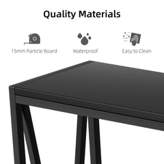 2-tier console table with textured black tabletop and lower shelf, supported by black metal legs.
