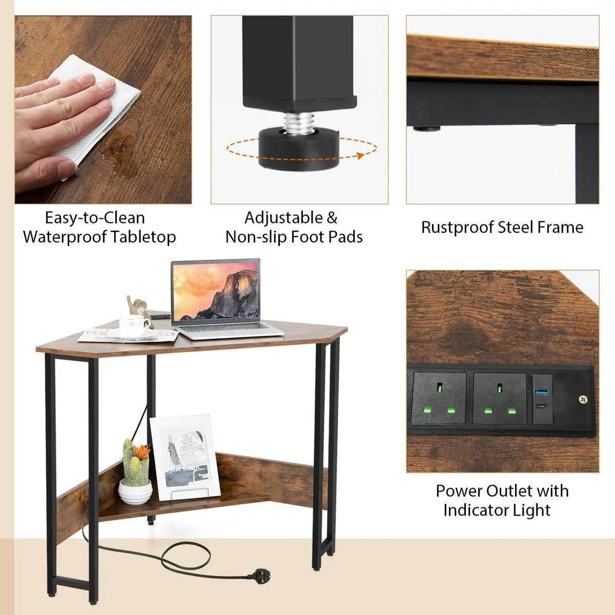 GOFLAME corner desk with waterproof tabletop, non-slip adjustable feet, and power outlet with light