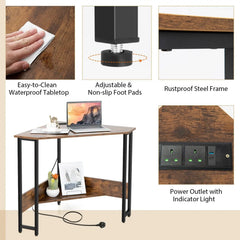 GOFLAME corner desk with waterproof tabletop, non-slip adjustable feet, and power outlet with light