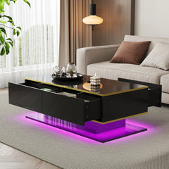 Black high-gloss coffee table with gold trim, drawers, and purple LED underglow