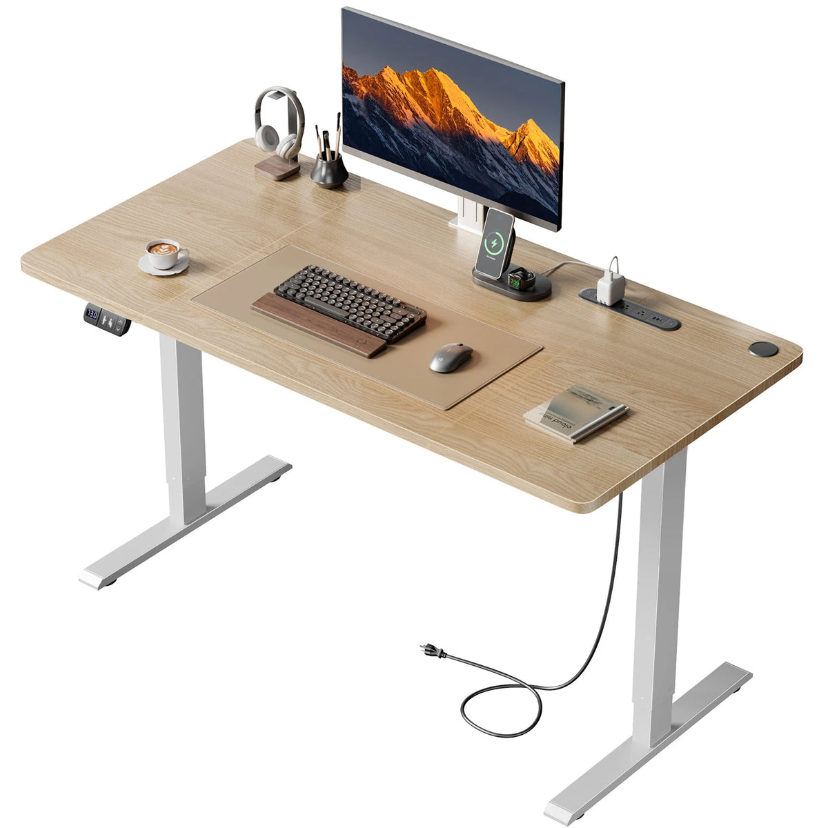 Height-adjustable office desk with light wood top, white metal legs, and built-in power panel