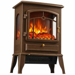 Brown electric fireplace stove heater with arched front glass flame view