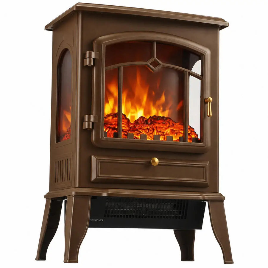 Brown electric fireplace stove heater with arched front glass flame view