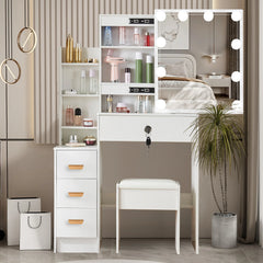 White dressing table with LED bulb mirror, drawer cabinet, and open storage shelves