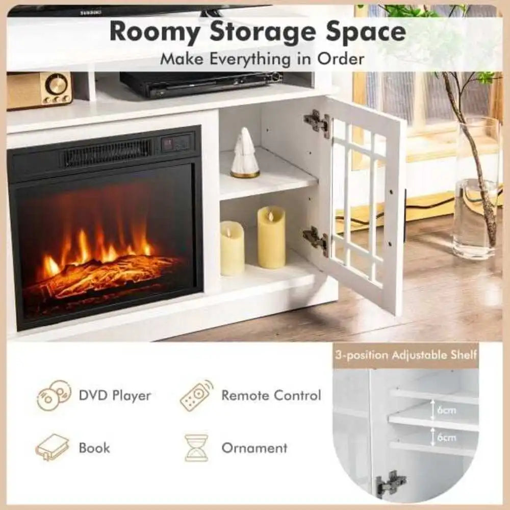 White electric fireplace TV stand with open storage shelves beside the flame-effect firebox