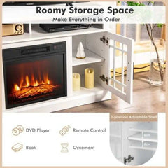 White electric fireplace TV stand with open storage shelves beside the flame-effect firebox