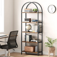 5-tier arched open bookcase with black metal frame and light wood shelves