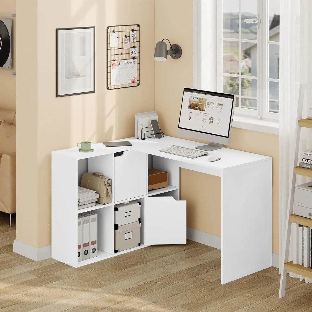 White L-shaped corner desk with multiple open cubbies and drawers under desktop.