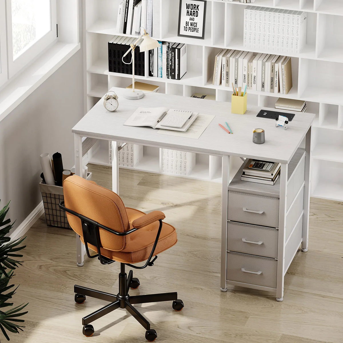 White office desk with side drawers and open cubbies under the tabletop