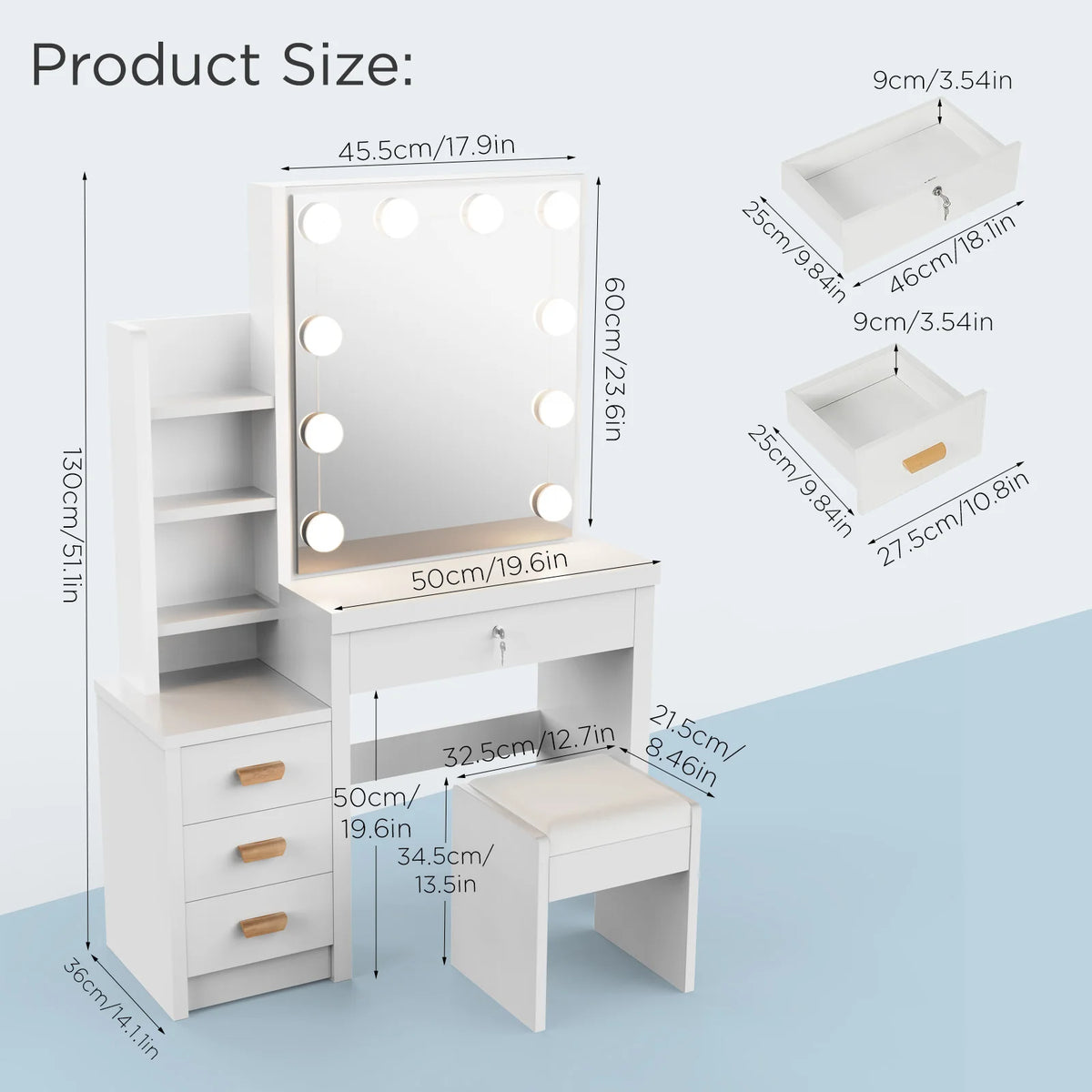 White vanity desk with LED mirror, shown with labeled product size dimensions