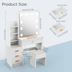 White vanity desk with LED mirror, shown with labeled product size dimensions