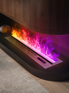 Embedded electric fireplace with purple flame lighting and orange flame bed