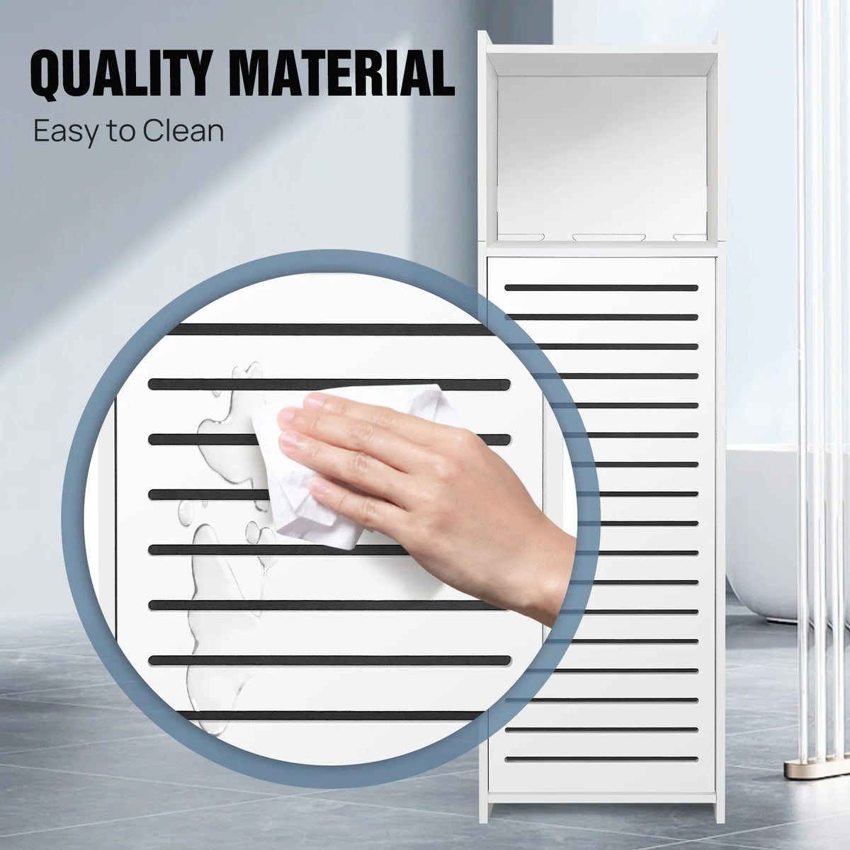 White bathroom storage cabinet with louvered door, shown being wiped clean