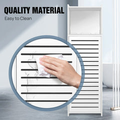 White bathroom storage cabinet with louvered door, shown being wiped clean
