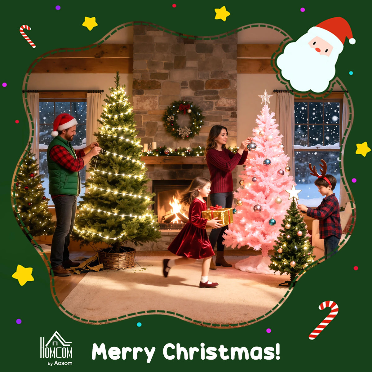 Pink artificial Christmas tree with warm white string lights and ornaments.