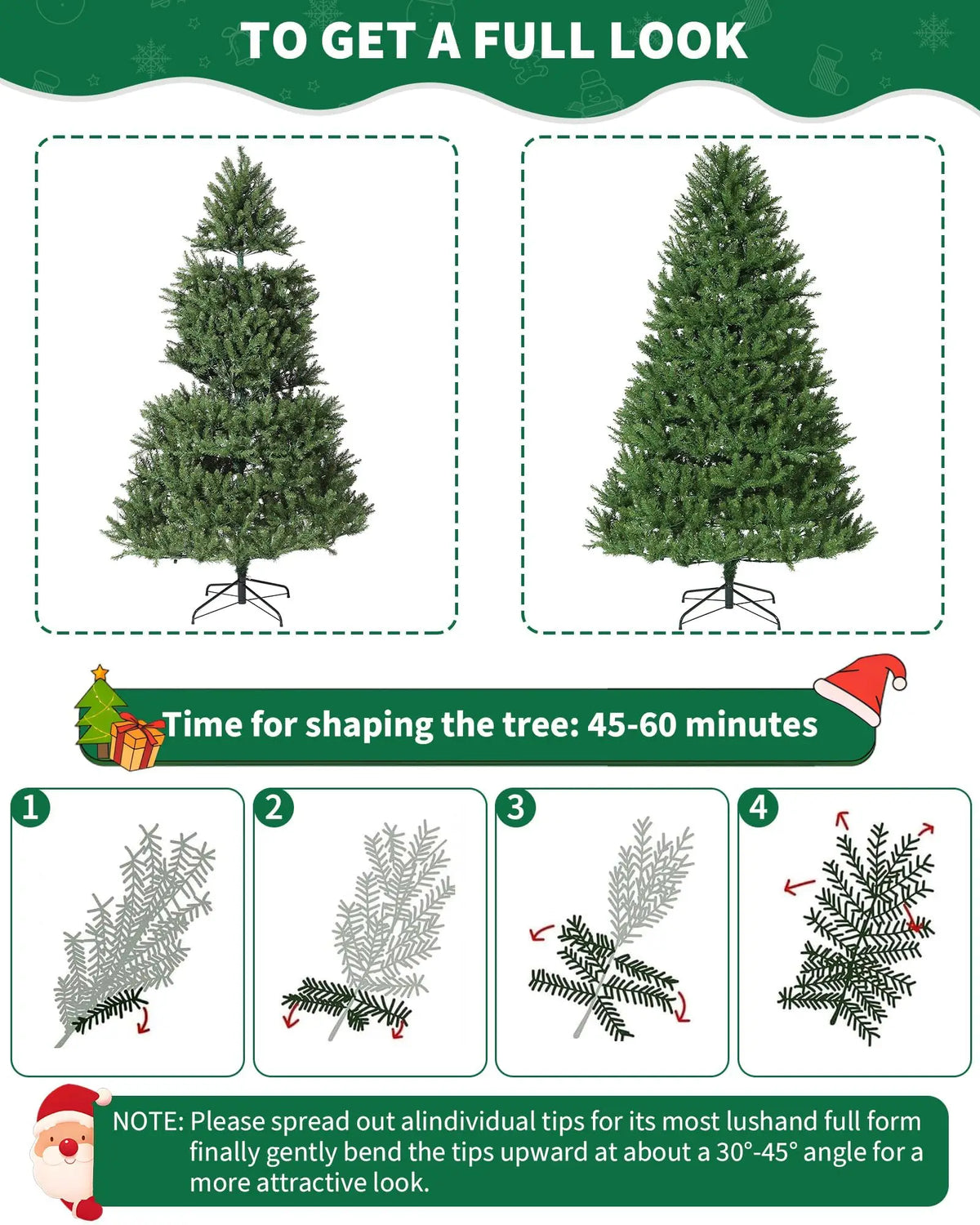 Green artificial Christmas tree on metal stand, full shape comparison