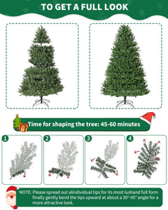 Green artificial Christmas tree on metal stand, full shape comparison
