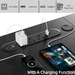 Built-in power strip with outlets and USB ports plus wireless charging on desk surface