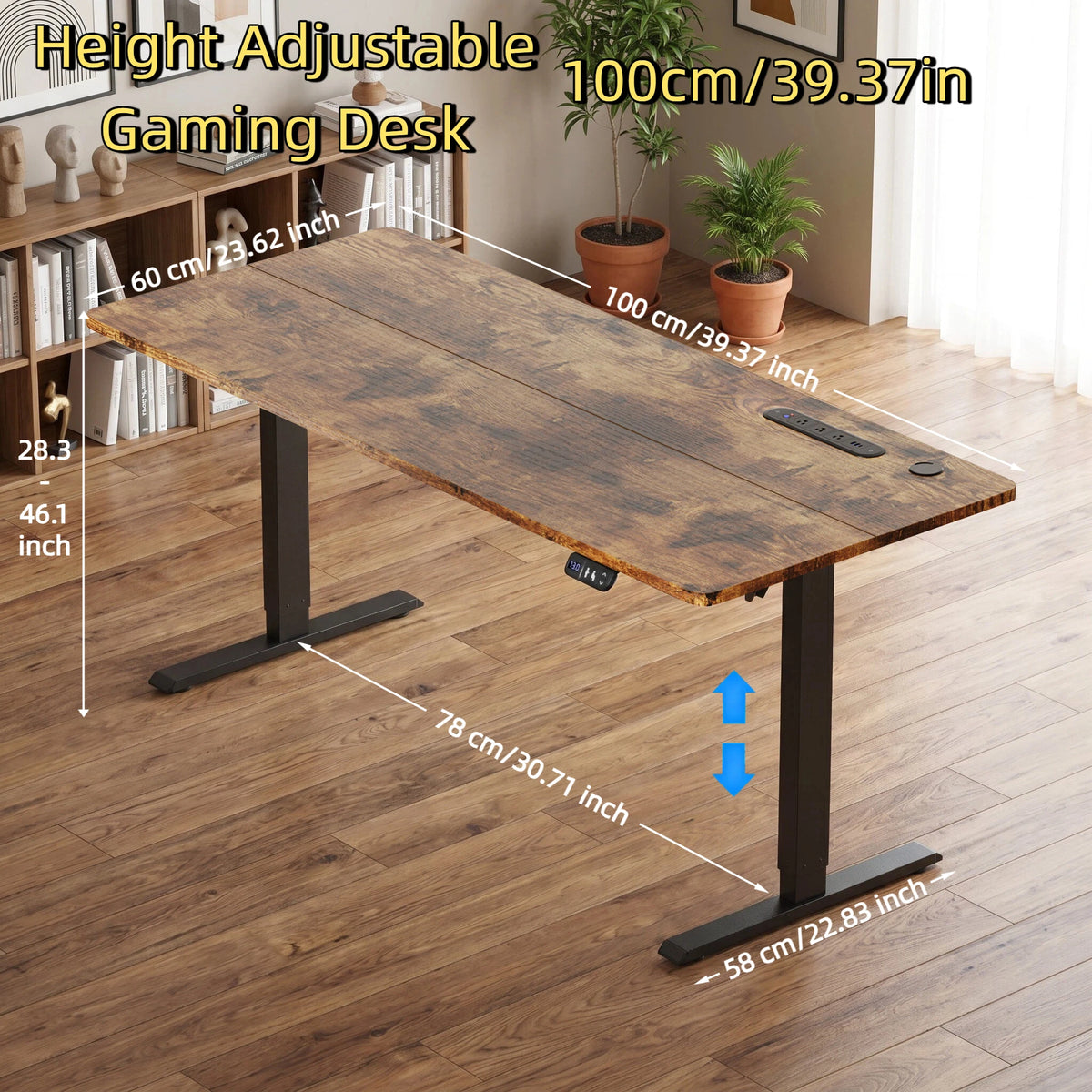 Height-adjustable gaming desk with dark wood tabletop and black frame legs