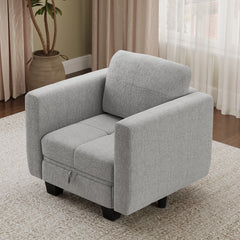 Light gray fabric armchair-style modular sofa with thick seat and back cushions