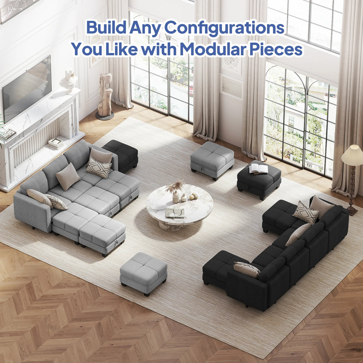 Modular sectional sofa set with grey and black pieces arranged in a living room