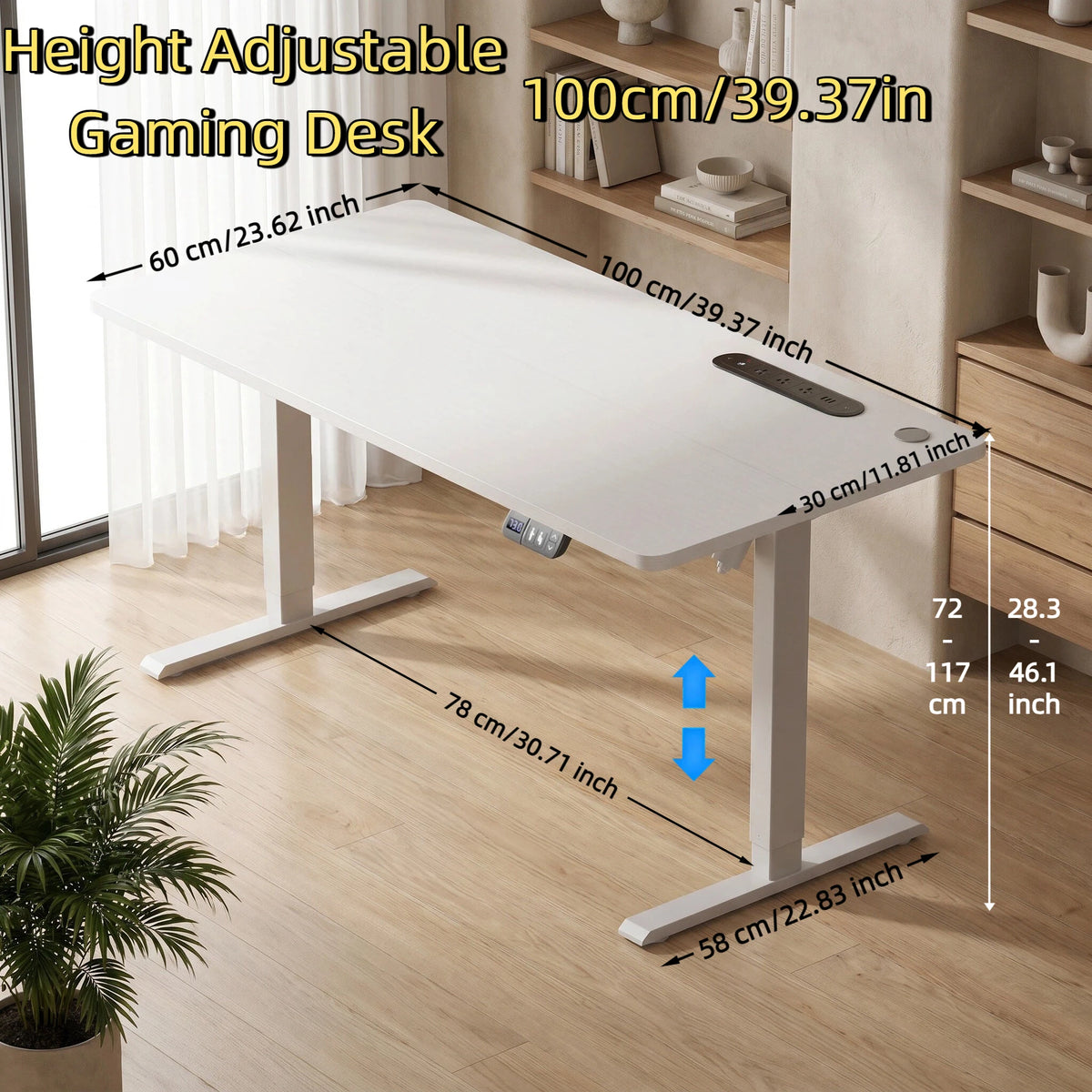 Height-adjustable desk size diagram with 100cm tabletop and adjustable height legs