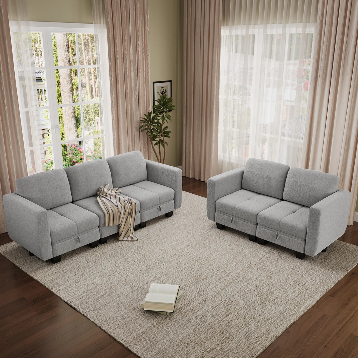 Two-piece grey modular sectional sofa with chaise and matching seat cushions