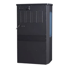 Freestanding electric fireplace heater back panel with vent grille and safety hardware, dark