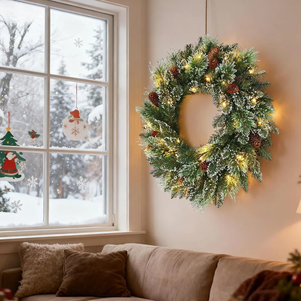 Decorative Christmas wreath in a wreath ring shape with pine greenery and warm lights