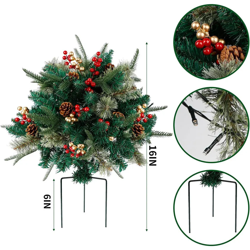 Green prelit Christmas tree size view with urn base and included stakes for setup