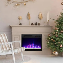 Electric fireplace insert in white wall niche showing blue-purple flame glow