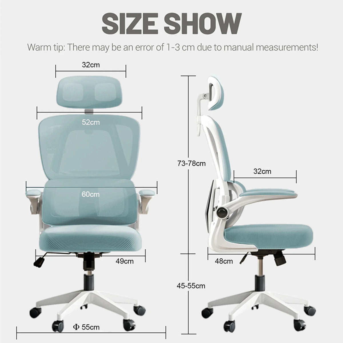 Front and side size diagram of an ergonomic office chair with padded armrests