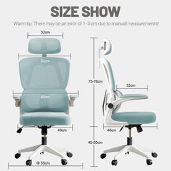 Front and side size diagram of an ergonomic office chair with padded armrests