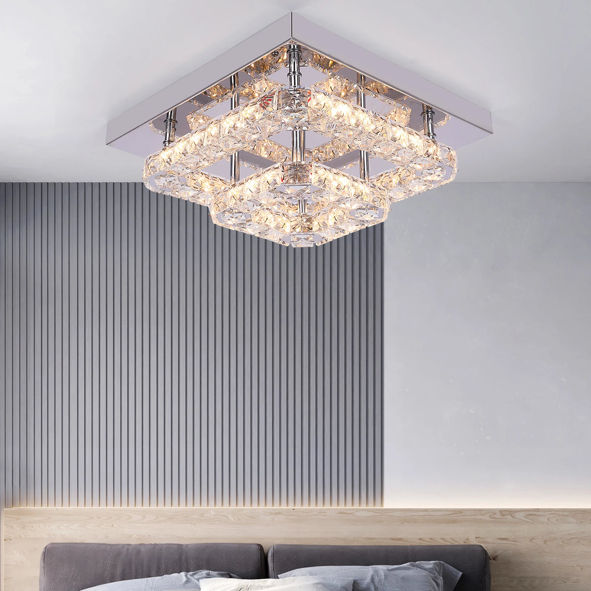 Crystal ceiling chandelier light with chrome frame, LED-style glow