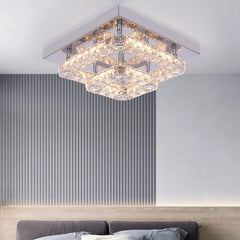 Crystal ceiling chandelier light with chrome frame, LED-style glow