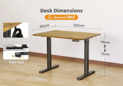 Brown standing desk with two hooks, showing 120x60 cm dimensions
