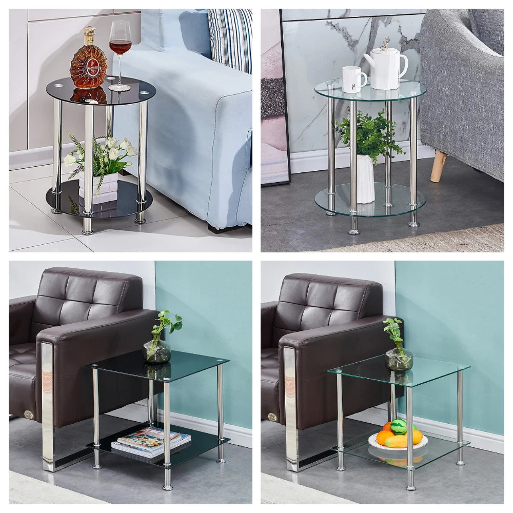 Round 2-tier black glass end table with stainless steel legs