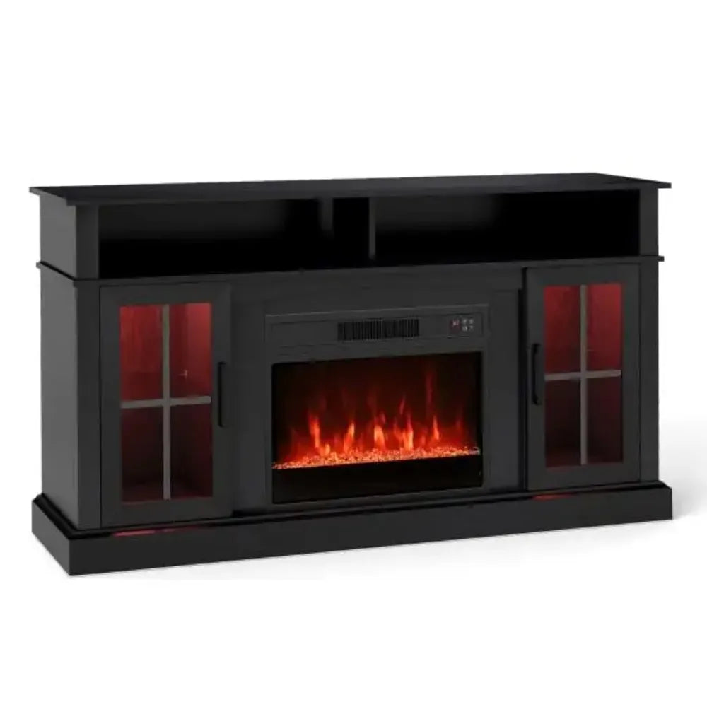 Black entertainment TV stand with built-in electric fireplace and glass-pane side doors.