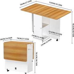 Brown and white retractable folding table, product dimensions shown on caster base