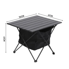 Breeins folding camping table with dark gray top, black legs, attached storage bag