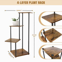 4-tier metal plant rack with square wooden shelves and black legs