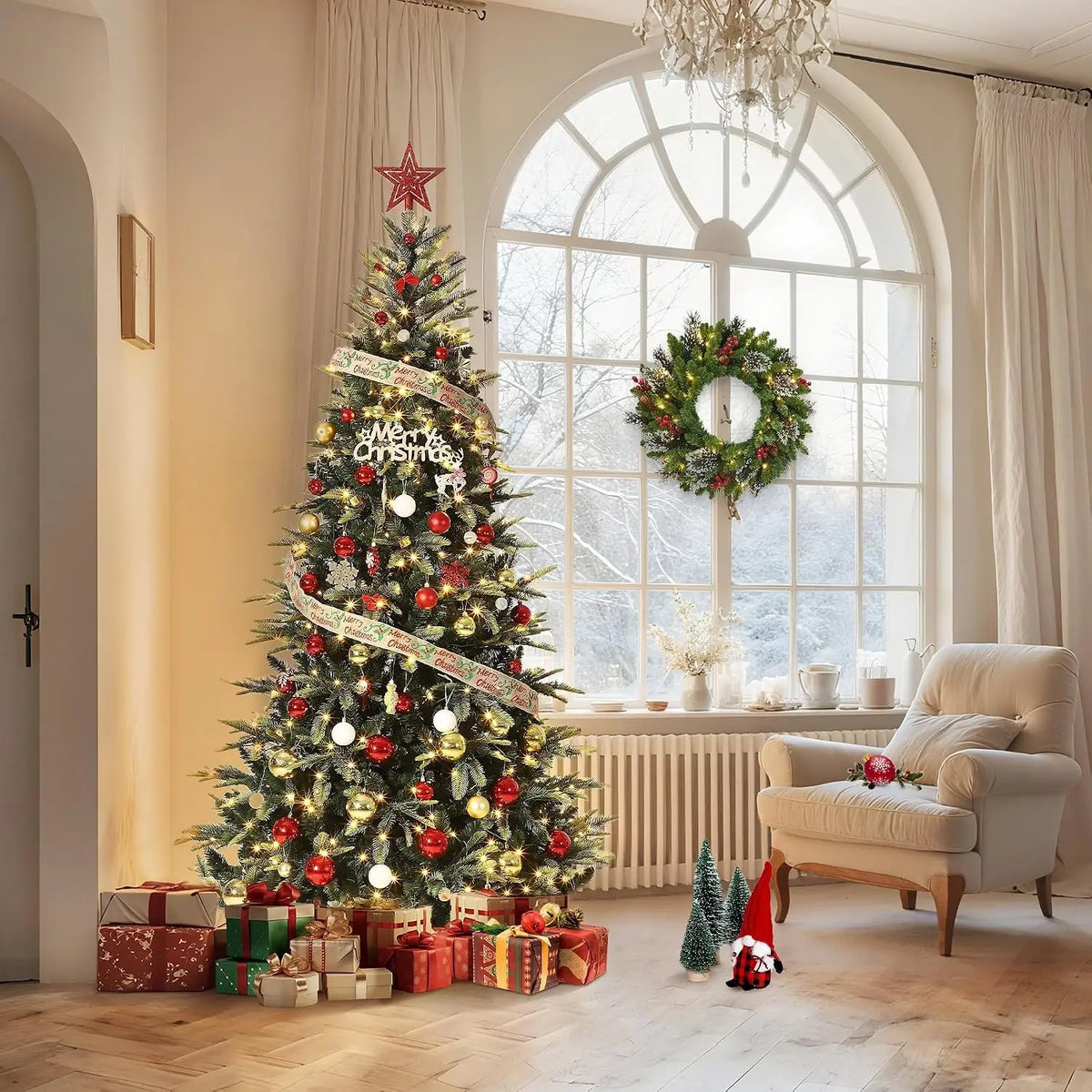 Prelit pencil Christmas tree with warm white lights and red gold ornaments, star topper