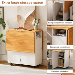 Wooden retractable folding table cart with white storage cabinet, doors, and wheels