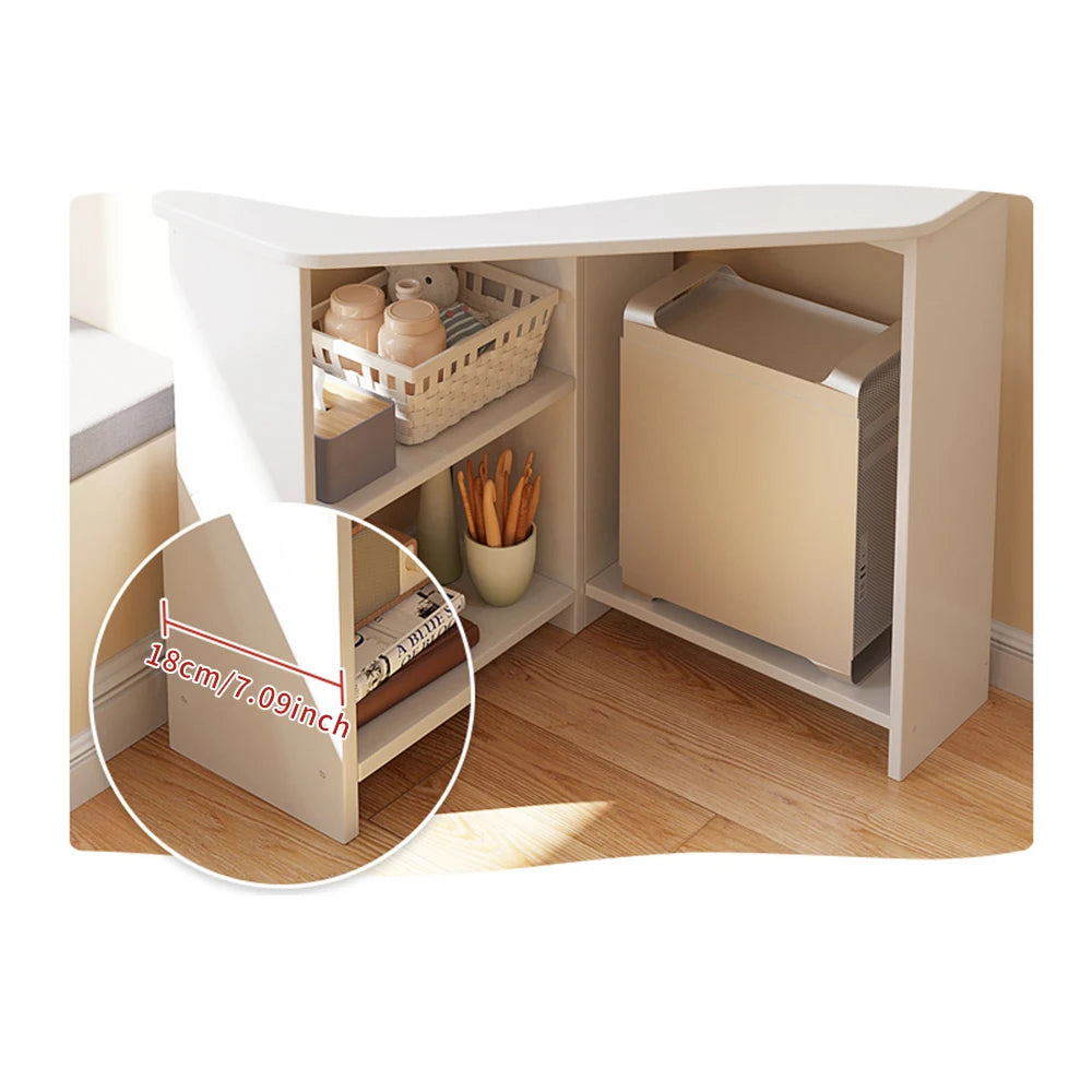 Ivory triangular desk with side cabinet door partly open and shelf organizers