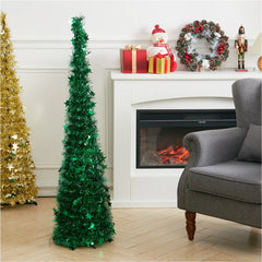 Green collapsible tinsel Christmas tree, slim pop-up form, standing view.