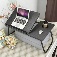 Folding laptop table with dark wood-look top, side cup holder, and phone rest