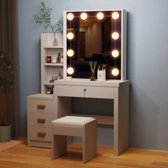 White makeup vanity desk with LED-lit mirror frame, open storage shelves, and cushioned stool