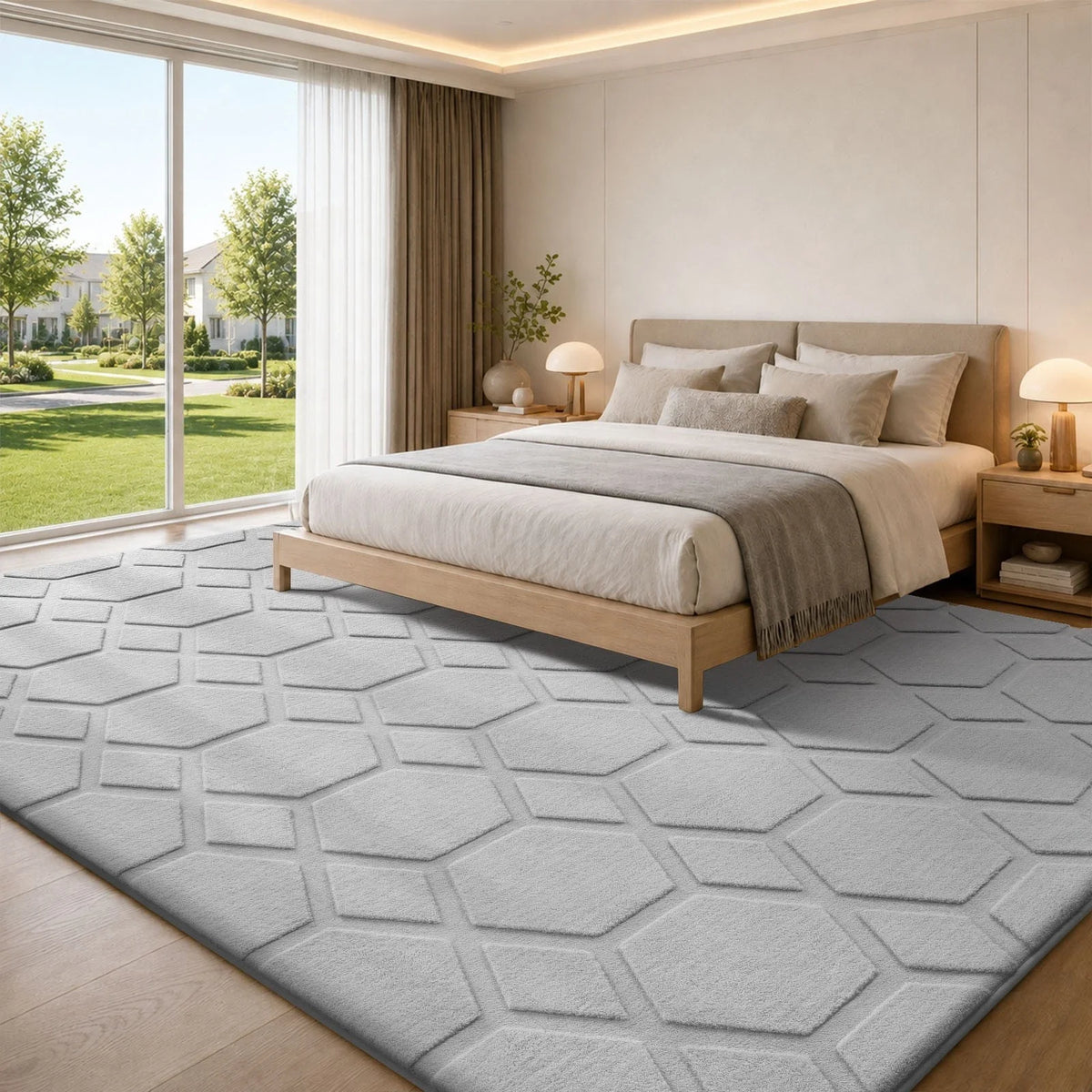 Light gray geometric area rug with embossed hexagon pattern, low-pile textured finish