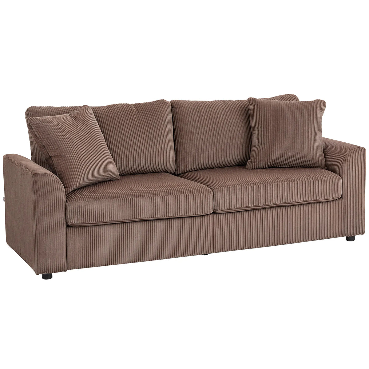 Cord upholstered 3-seat sofa with three back cushions, coffee-brown, low arms